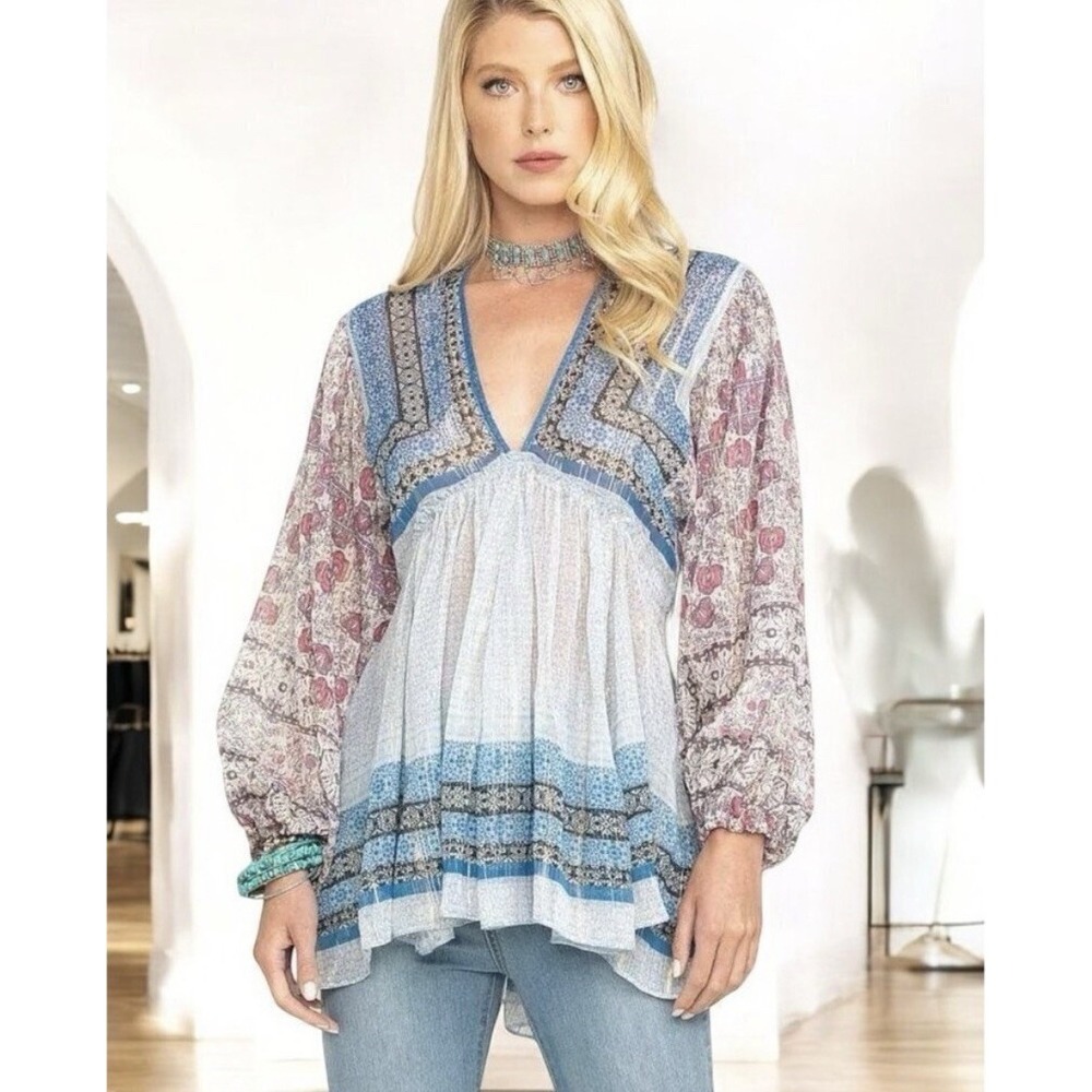 Free People Aliyah Tunic Top Small Blue Combo Boho Babydoll Bishop Sleeve NWT